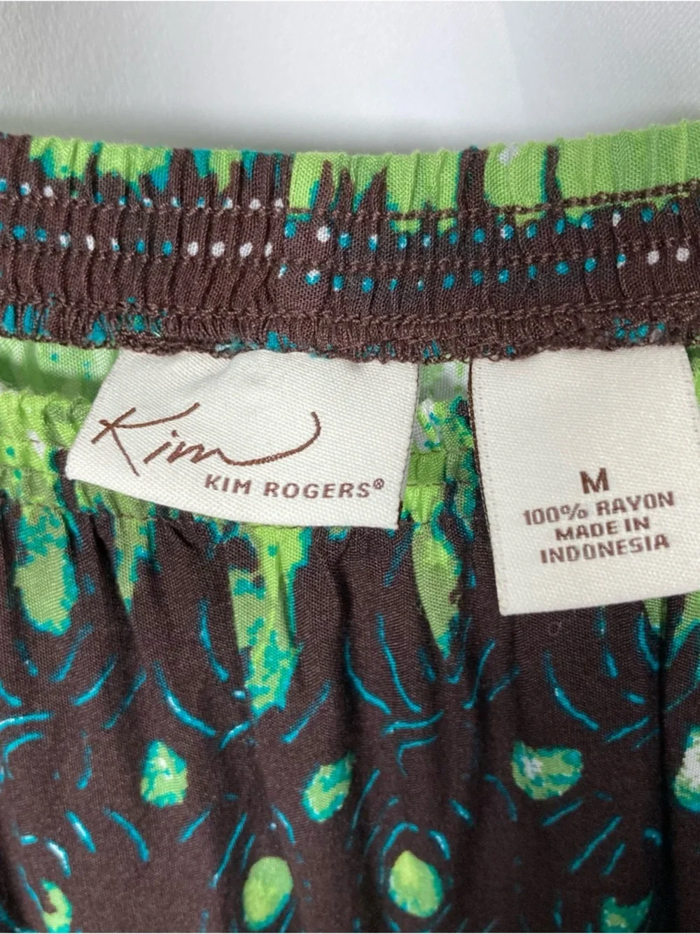 Kim Rogers Boho Paisley Rayon Maxi Skirt Green Brown Blue Size M Beaded Fringe